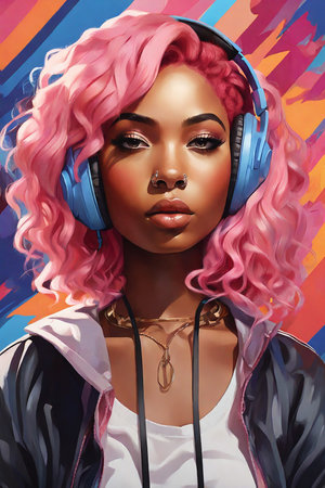 Beautiful African American woman with pink hair and headphones on a bright colorful backgroundの素材