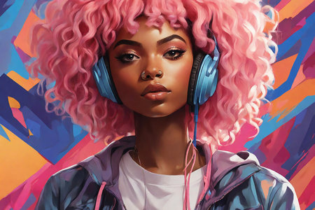 Fashionable african american woman with pink curly hair and headphones.の素材