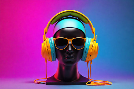Neon mannequin head with headphones. 3d rendering.の素材