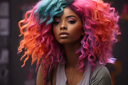 Portrait of a beautiful African American woman with colorful hairの素材