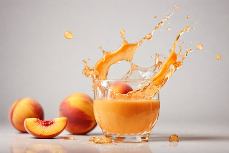 Peach fruit juice splashing from a glass on a white backgroundの素材