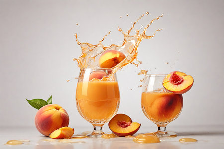 Fresh peach fruit juice splashing from a glass on a white backgroundの素材