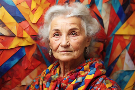 Magnificent beauty of Ukrainian old woman close up on abstract trianglic colorful background. Grandmaの素材