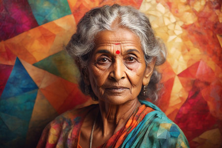 Gorgeous beauty of old Indian woman close up on abstract trianglic colorful background. Grandmaの素材