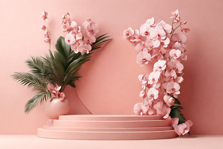 Podium with orchids on color background, 3d renderの素材