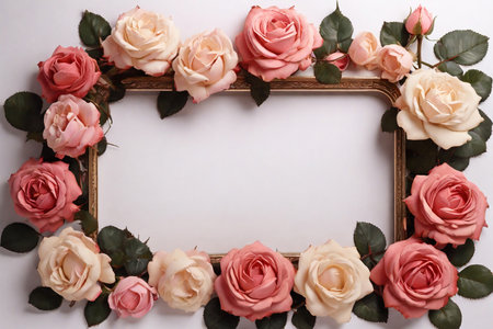 Frame with beautiful roses on white background, top view. Space for textの素材