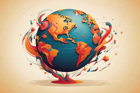 Globe with colorful paint splashes on beige background. Vector illustrationの素材