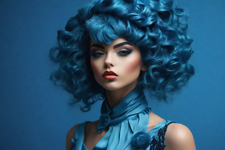 Portrait of a beautiful girl with blue curly hair. Beauty, fashion.の素材