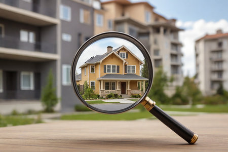 Magnifying glass with house on the background. Real estate concept.の素材