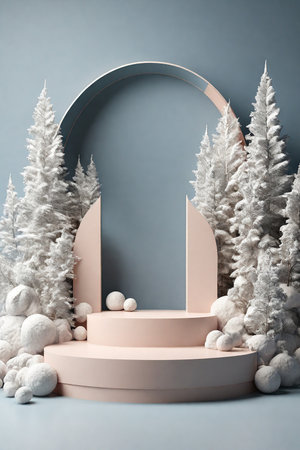 Minimalist abstract scene with podium and Christmas decorations. 3d renderの素材