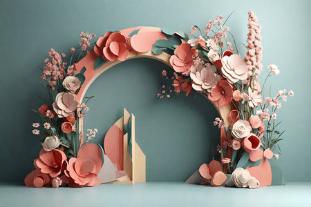 3d render of minimal geometrical composition with flowers and archの素材