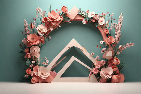3d render of minimal geometric composition with paper cut flowers and archの素材