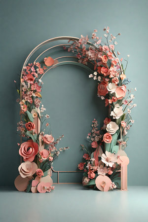 Wedding arch with flowers on color background. 3d renderの素材