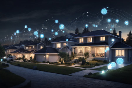 Modern house at night with social connection concept. 3D Renderingの素材