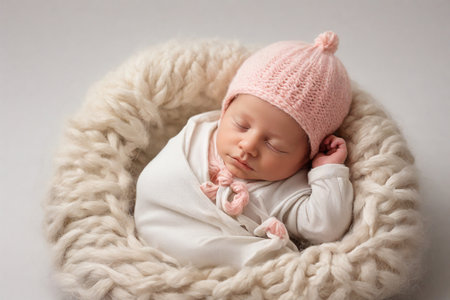 Newborn baby girl sleeping in a knitted hat on white backgroundの素材
