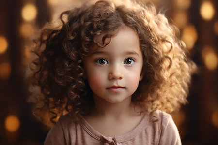 Portrait of cute little girl with curly hair on bokeh backgroundの素材