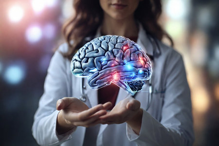 Close up of female doctor hand holding abstract brain hologram on blurry backgroundの素材