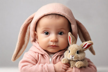 Cute little baby in bunny costume on gray background, closeupの素材