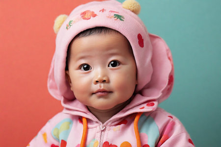 Asian cute baby girl wearing pink hoodie and hat on colorful backgroundの素材