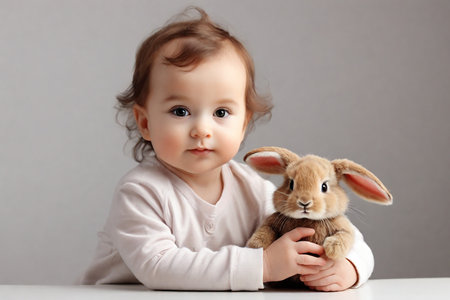 Portrait of a cute little girl with rabbit toy on gray backgroundの素材