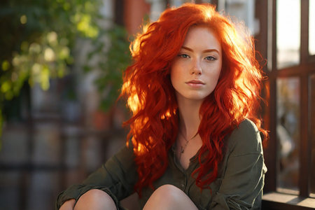 Beautiful young woman with red hair sitting on the terrace.の素材