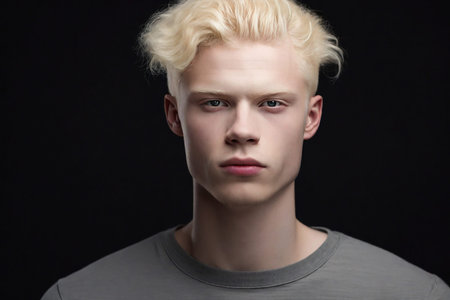 Portrait of a young albino man on a black background. Studio shot.の素材
