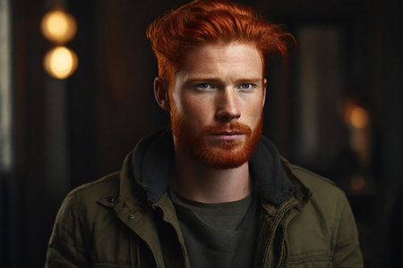Portrait of a serious young man with red hair. Men's beauty, fashion.の素材