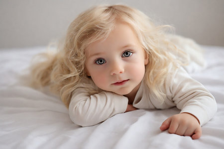 Portrait of a cute little girl with blond hair on the bedの素材