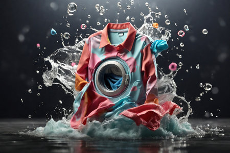 Washing machine or liquid detergent in commercial advertising style with floating shirt underwater with bubbles and wet splashes, laundry work as banner design with copy spaceの素材