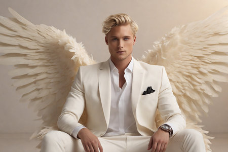 Portrait of a handsome male angel in a white suit with wings with wings.の素材