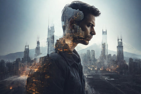 Double exposure of young man and modern city at background.の素材