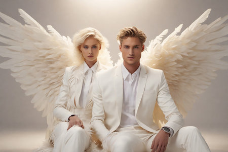 Beautiful young couple of angels in white clothes with wings.の素材