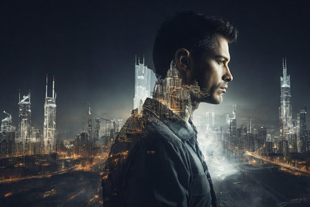 Portrait of handsome man in jacket against modern city background. Mixed mediaの素材