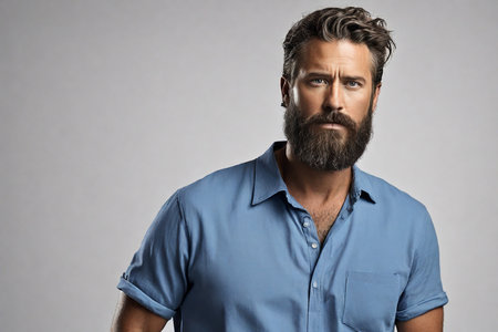Portrait of a handsome man with a beard and mustache in a blue shirt on a gray backgroundの素材