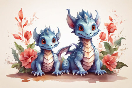 Watercolor illustration of two cute dragons with flowers in the background.の素材