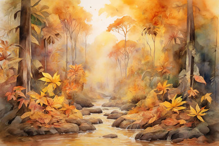 Watercolor painting of autumn forest with yellow leaves and water stream.の素材