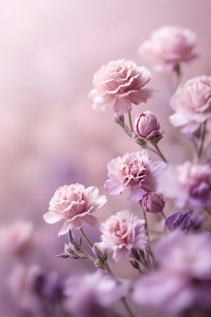 Beautiful purple carnation flowers on a blurred background, soft focus.の素材
