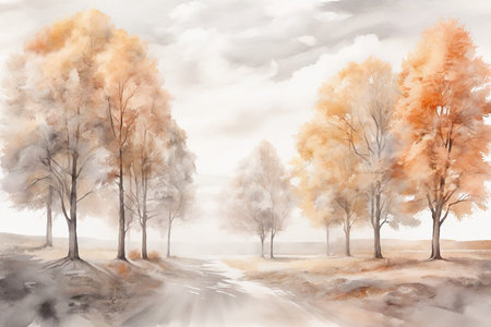 Watercolor autumn landscape with trees and road. Digital art painting.の素材