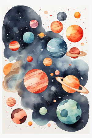 Watercolor space background with planets and stars, hand drawn vector illustrationの素材
