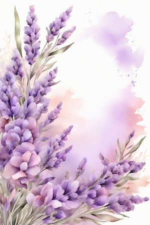 Watercolor lavender bouquet on white background. Greeting card template.の素材