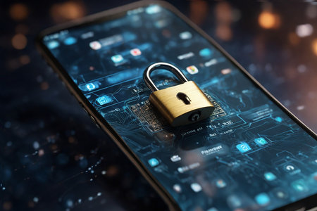 Cyber security concept. Lock on smartphone screen. 3d illustrationの素材