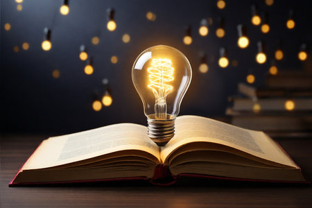 Light bulb glowing on book, idea of ââinspiration from reading, innovation idea concept, Self learning or education knowledge and business studying concept.の素材