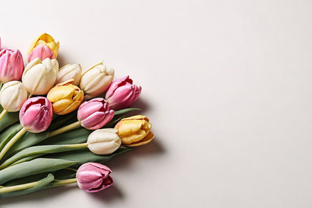 Bouquet of beautiful tulips on light background, top viewの素材