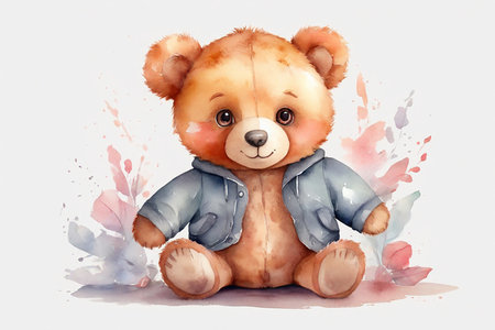 Cute teddy bear with flowers on white background. Watercolor illustration.の素材