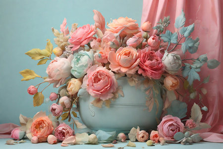 Beautiful bouquet of flowers in vase on light blue backgroundの素材