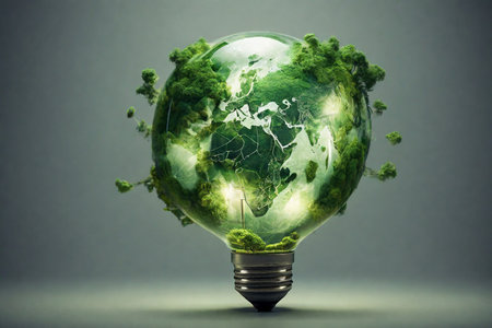 The green world map is on a light bulb that represents green energy Renewable energy that is important to the worldの素材