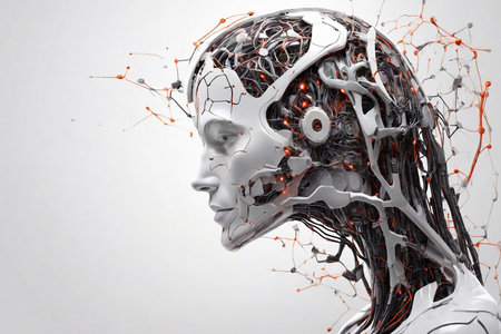 The image of man and artificial intelligence technology, neural connections on a white background, the development of new technologies, abstract futuristic fictional graphicsの素材