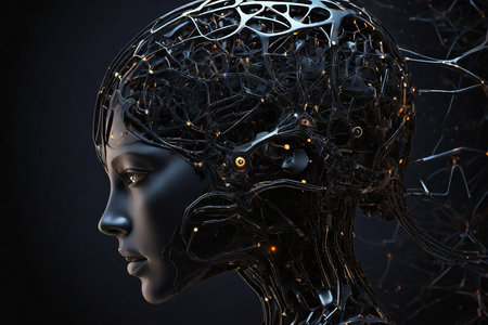 3d rendering of a female head with a cyber brain on a black backgroundの素材