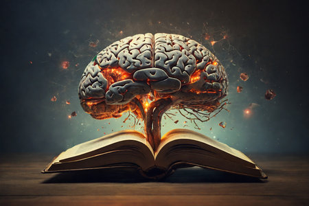 Brain coming out of an open book, concept of knowledge and wisdomの素材