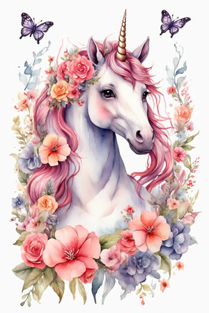 Unicorn with flowers and butterflies. Watercolor hand drawn illustrationの素材